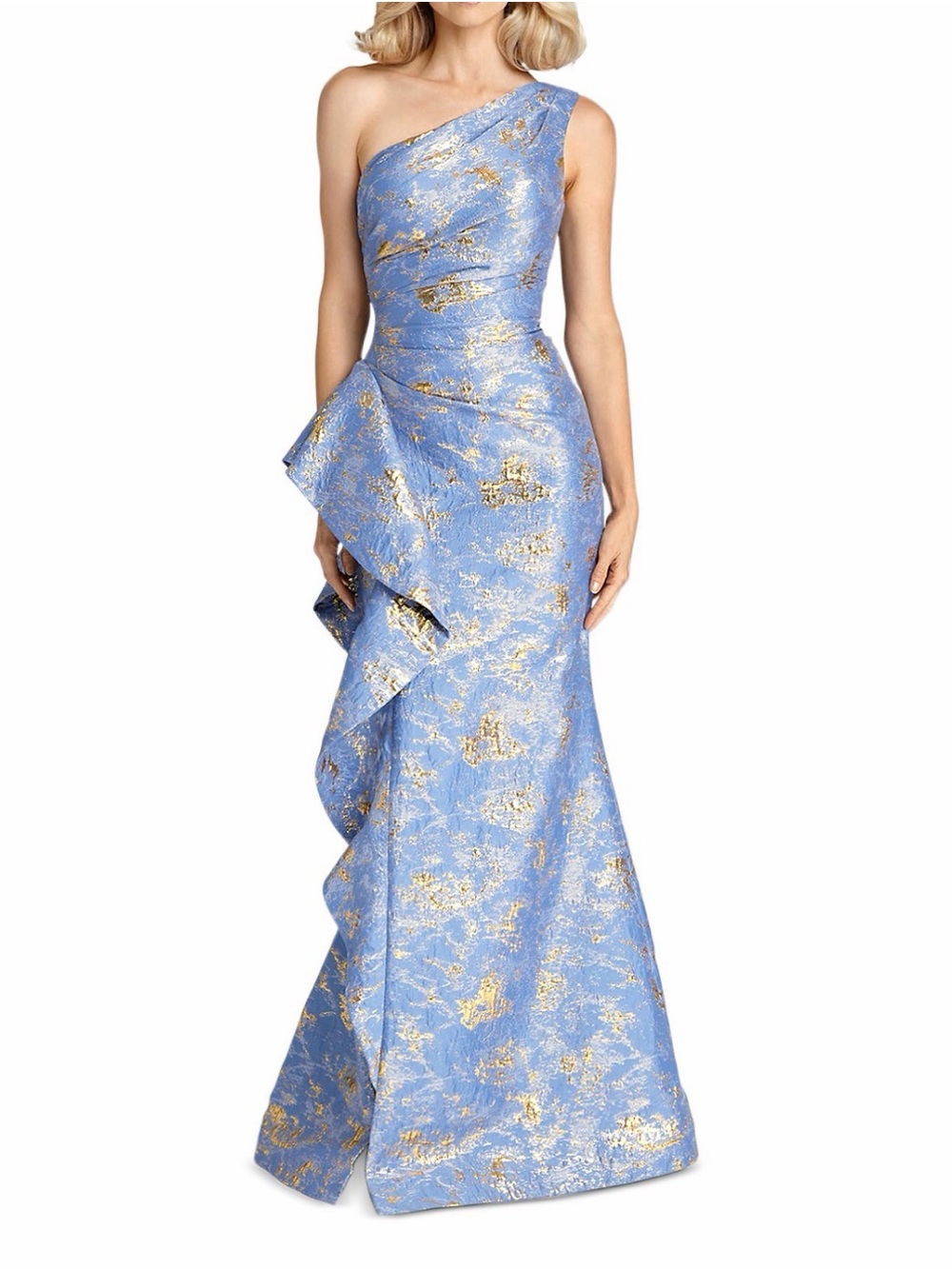 Rickie Freeman for Teri Jon One-Shoulder Blue and Gold Jacquard Gown